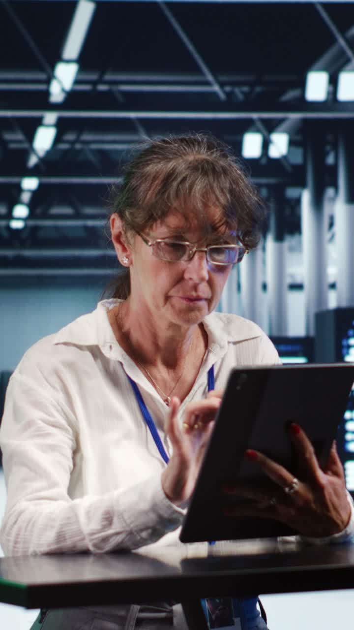 Kvinne som bruker nettbrett i datasenter