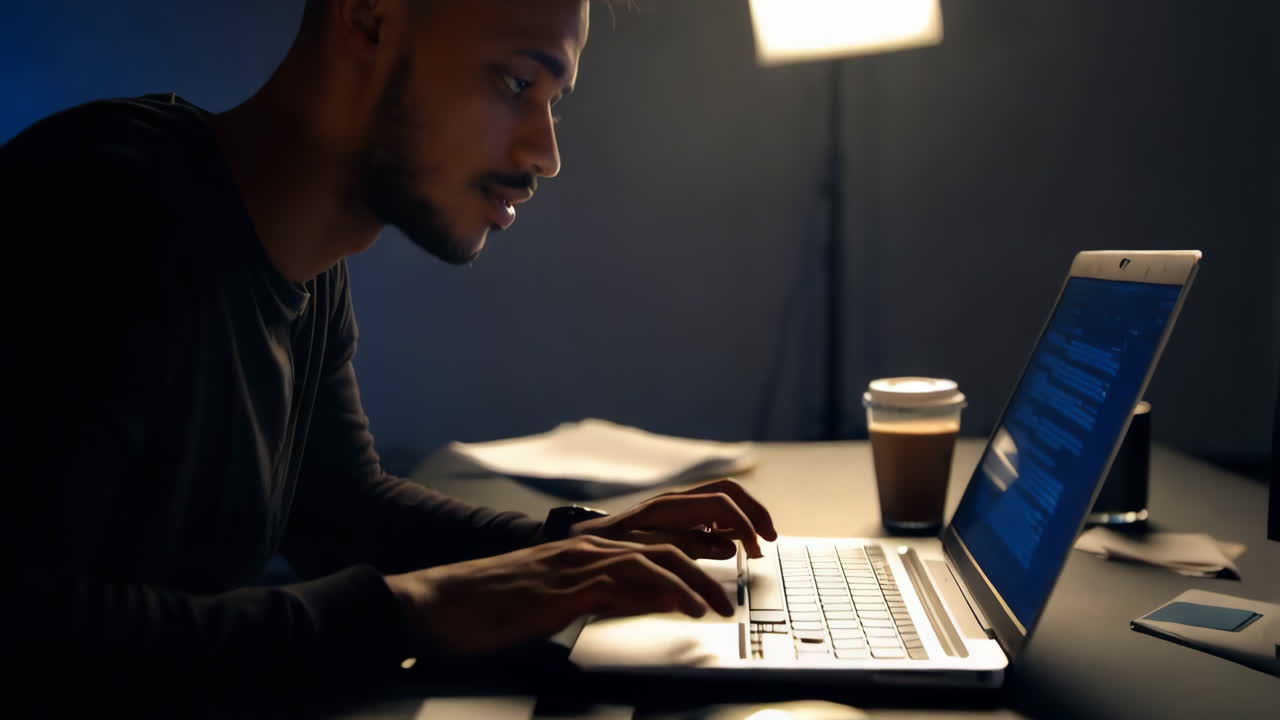 Man Working on Laptop Late at Night