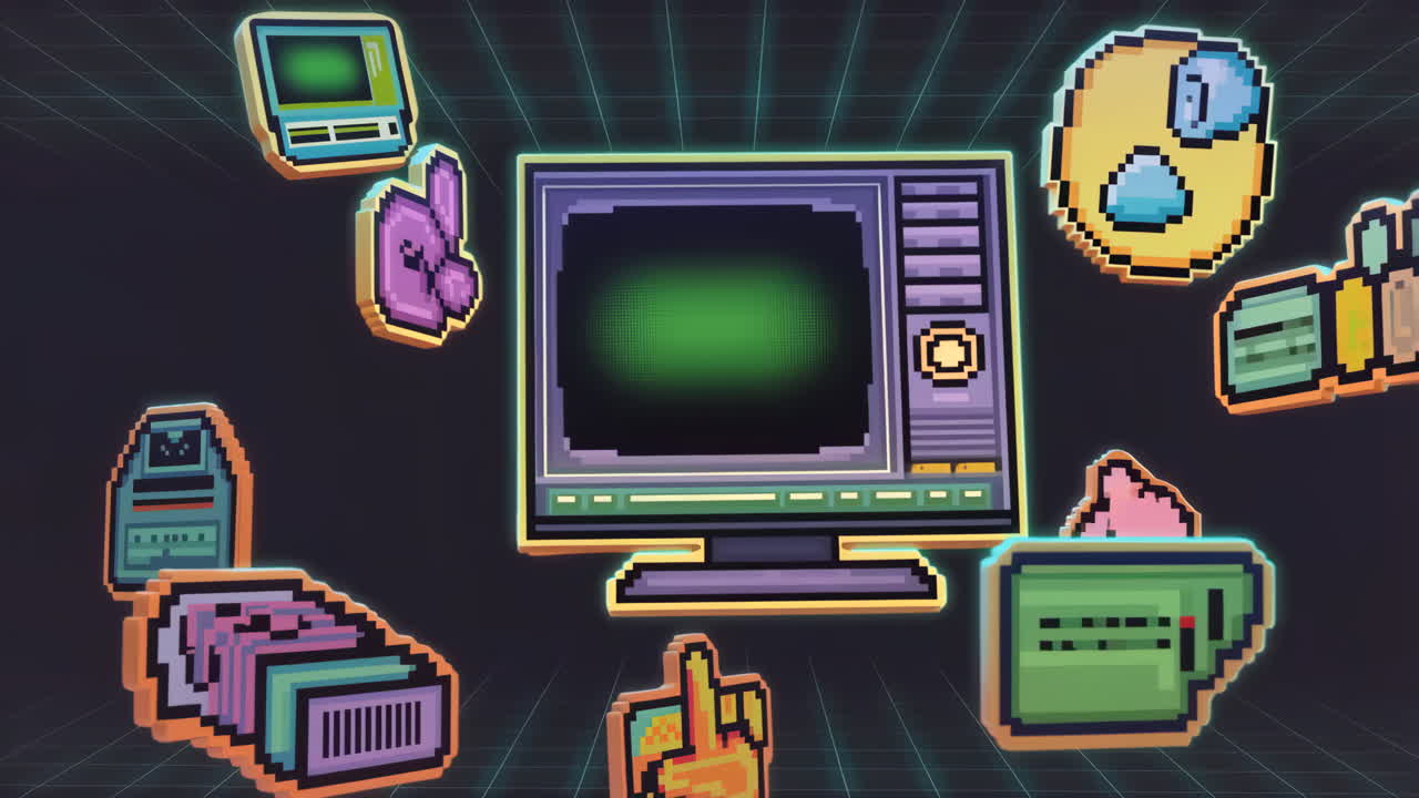 Retro Pixel Art Computing Icons Floating in Virtual Space