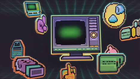 retro pixel art computing icons floating in virtual space