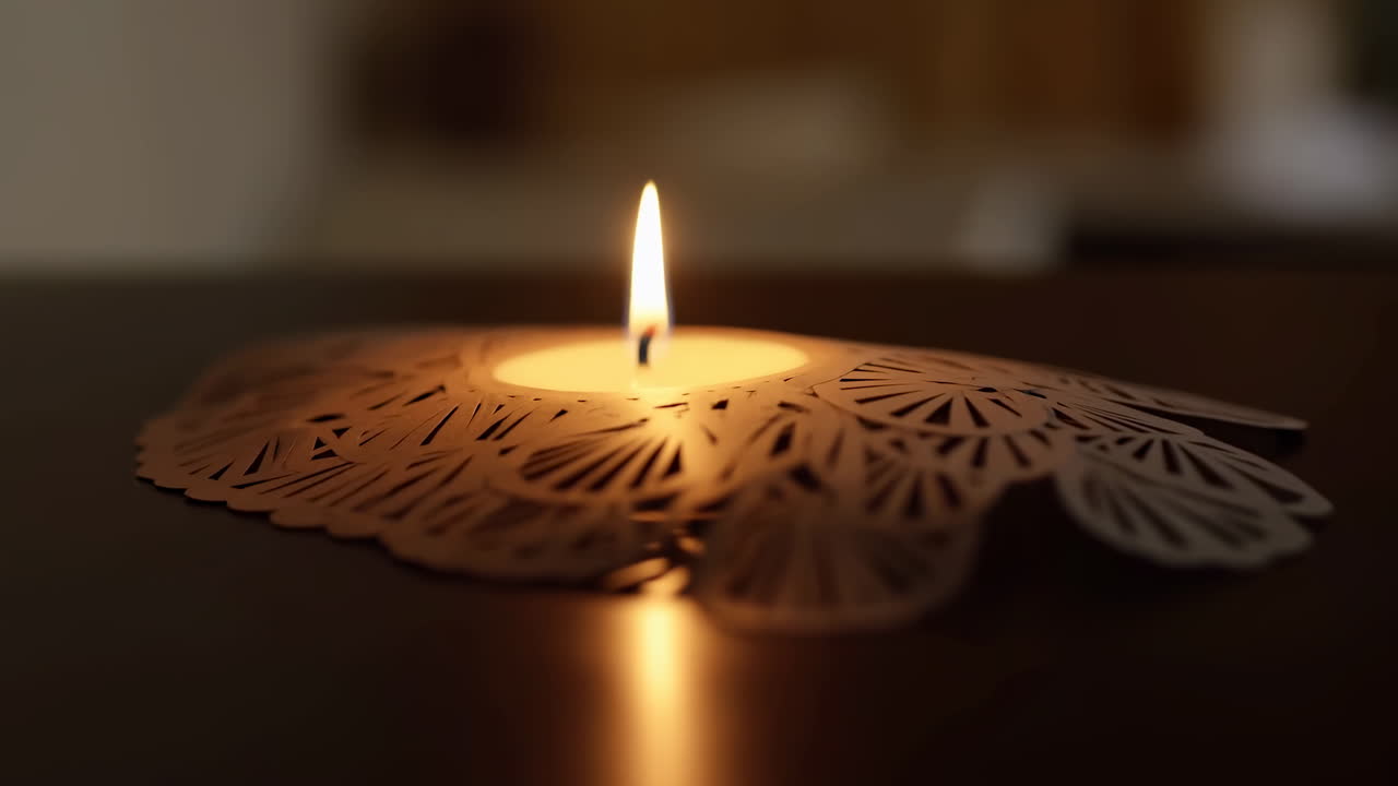 Primo Piano di una Fiamma di Candela Tremolante in un Portacandele Decorativo