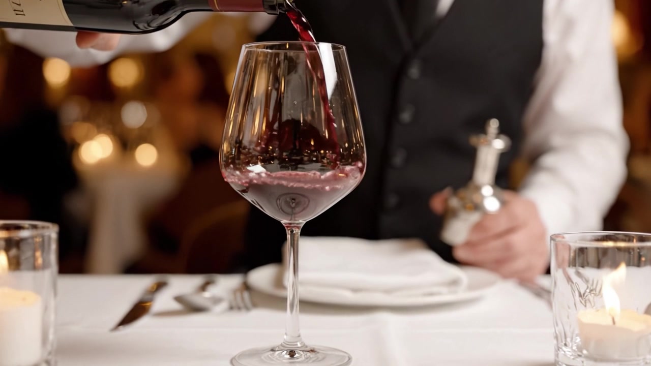 Un'esperienza culinaria raffinata: versamento sapiente di vino rosso pregiato in un calice di cristallo in un elegante ambiente da ristorante.