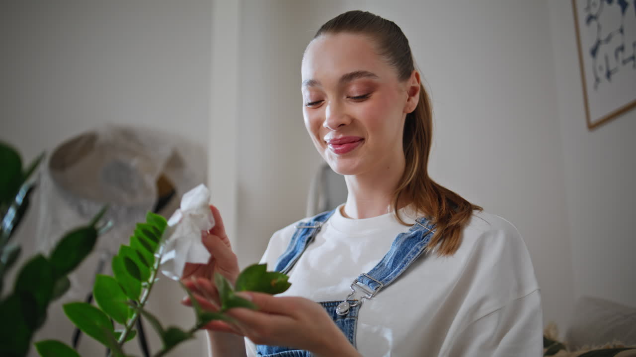 Relaxed woman dusting plant in new home closeup. Calm lady cleaning houseplant