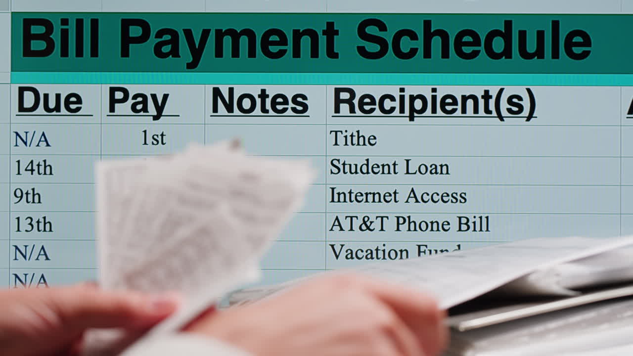 Hands Organizing Receipts with a Bill Payment Schedule on Screen