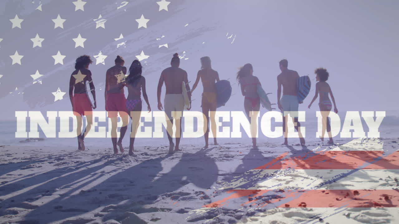 Animation of 4th of july text over usa flag and diverse friends with surfboards on beach in summer