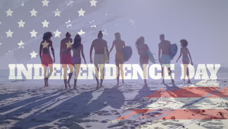 animation of 4th of july text over usa flag and diverse friends with surfboards on beach in summer