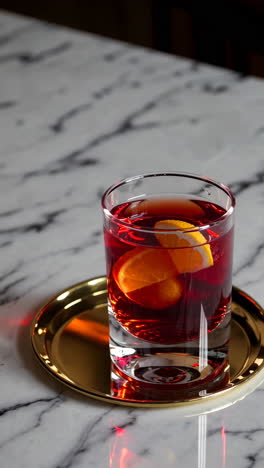 red cocktail on marble table