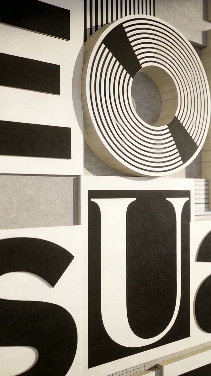 Vertical video: Panning camera revealing type panels in gallery showing serif U and ring for curat