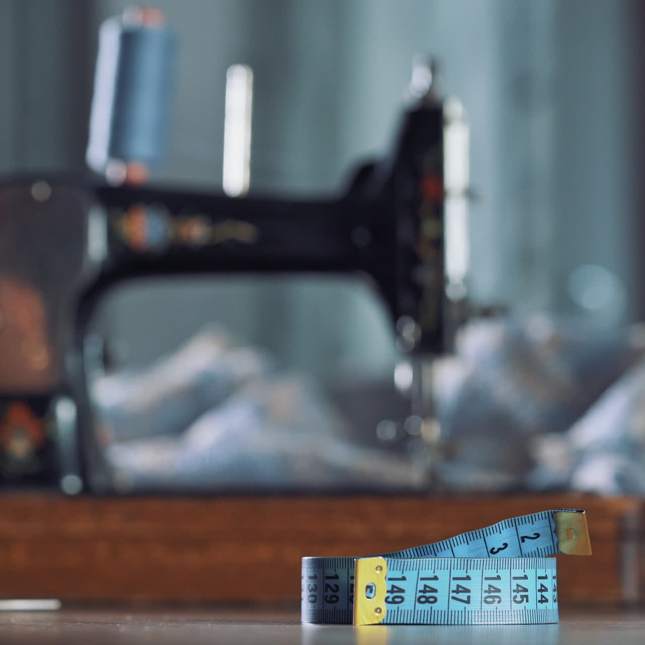 Seamstress is taking up blue tape measure on the background of sewing machine. Fingers of a young female designer rising the blue roulette from the table.
