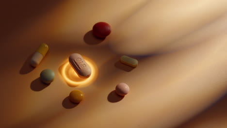 different pills antibiotics, vitamins, rotate on desk surface surrounded by energy healing futuristichealthcare, pharmaceutical industry, drug use, medicine concept