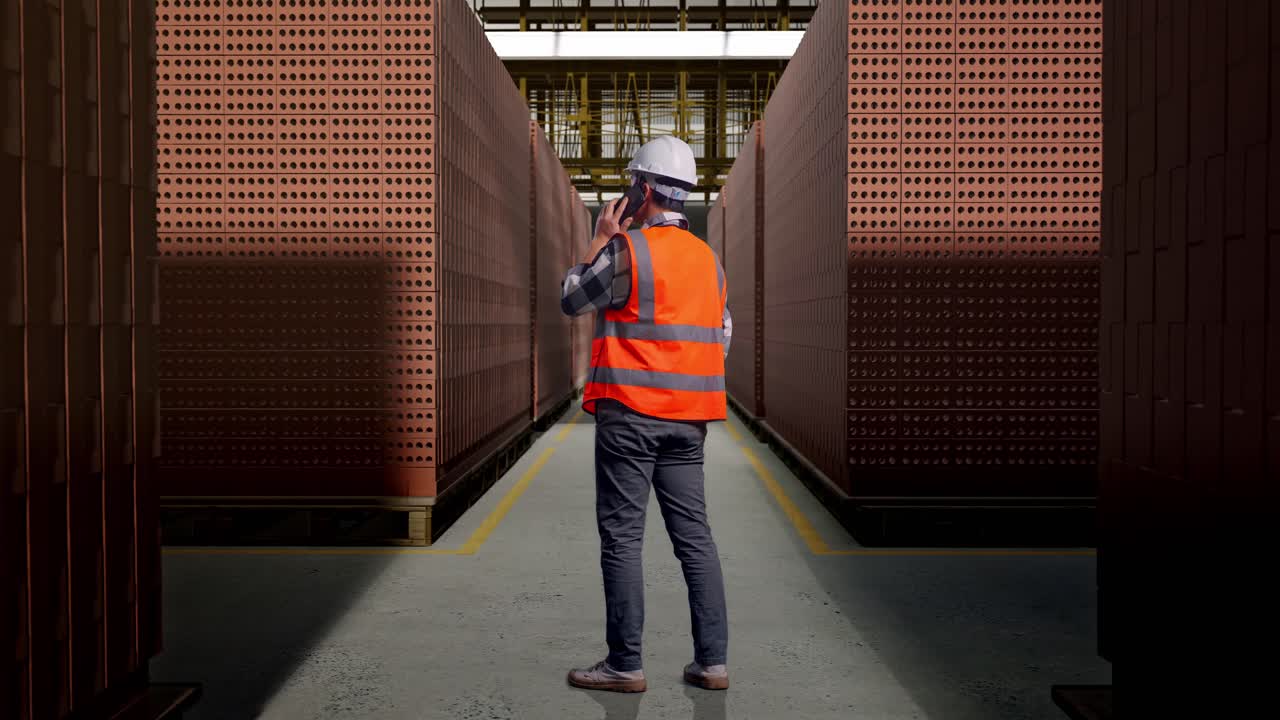 Full Body Back View Of Asian Male Engineer With Safety Helmet Talking On Smartphone While Standing With Red Brick Packed in Stacks Are Stored
