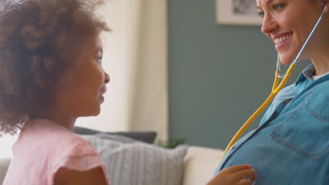 pregnant mother with daughter listening to baby heartbeat through stethoscope together