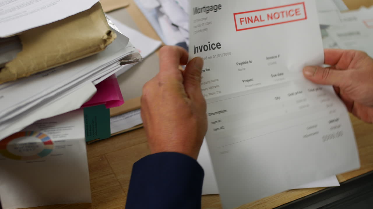un hombre abriendo una pila de billetes y cartas con notificación final de deudas hipotecarias