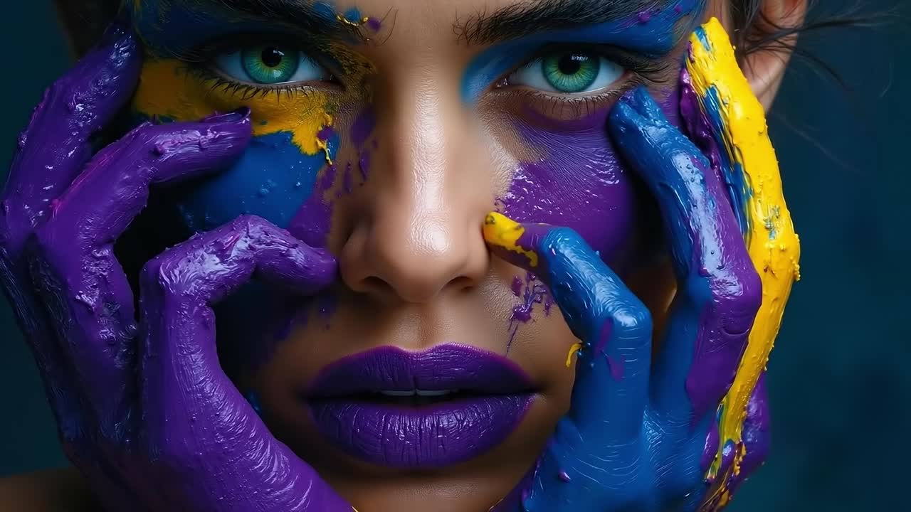 A woman with purple and yellow paint on her face and hands