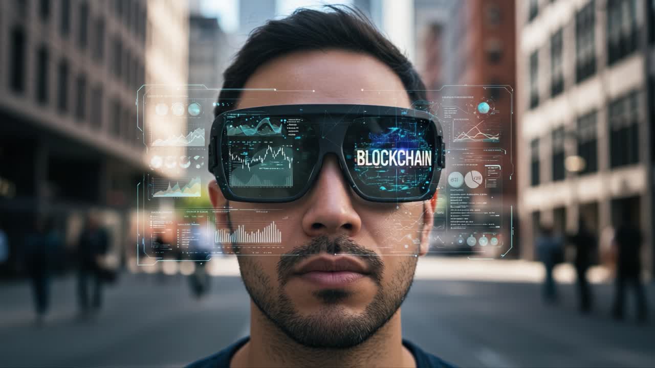 Exploring the Intersection of Technology and Finance: A Person Wearing VR Glasses Visualizing Blockchain Data in an Urban Setting