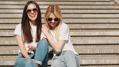 two women sitting on stairs