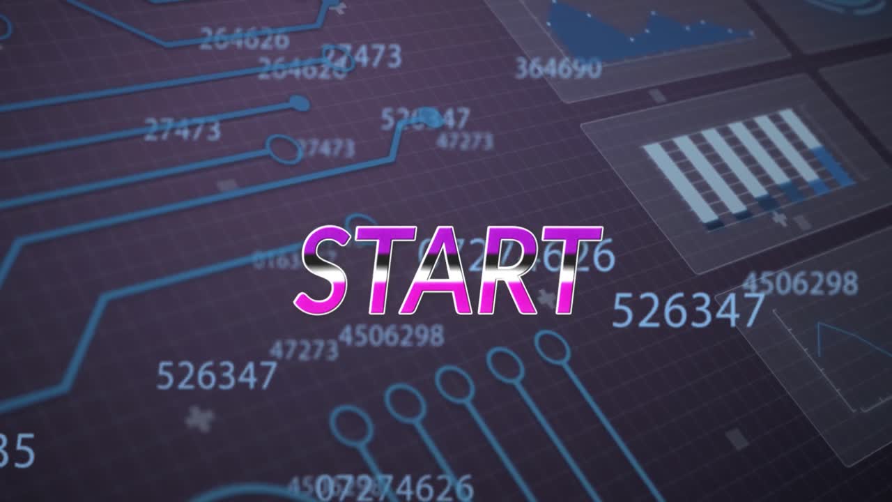 animación del texto de inicio y procesamiento de datos en fondo gris