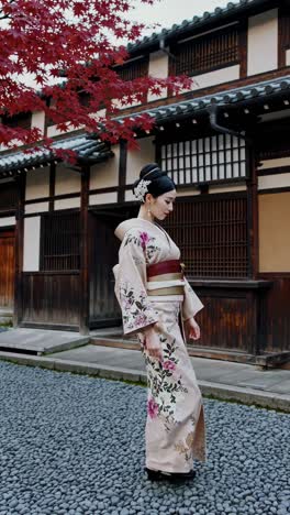a video still of a woman in a kimono walking in a traditional japanese street