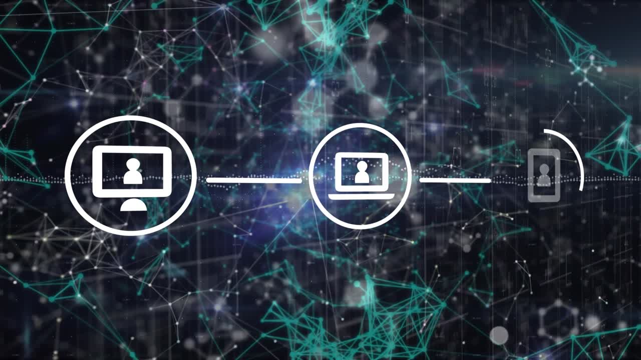 Animation of network of connections with icons over molecules on black background