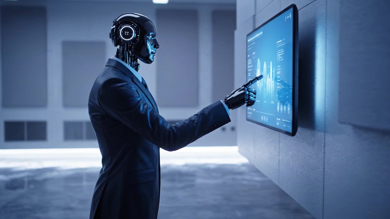 Futuristic Robot in a Suit Analyzing Data on a Screen in a Sleek, Modern Environment, Showcasing Advanced Technology and Design Elements