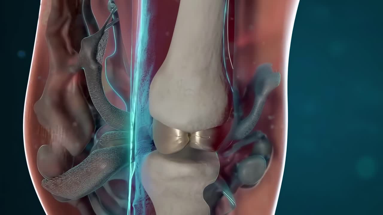 Video fra sidevinkel af et 3D-renderet knæled, der fremhæver den anatomiske struktur