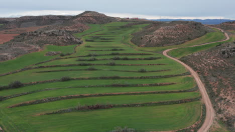 Vista-Aérea-De-La-Meseta-De-Campos-Verdes-En-Las-Colinas-De-España-Día-Nublado.