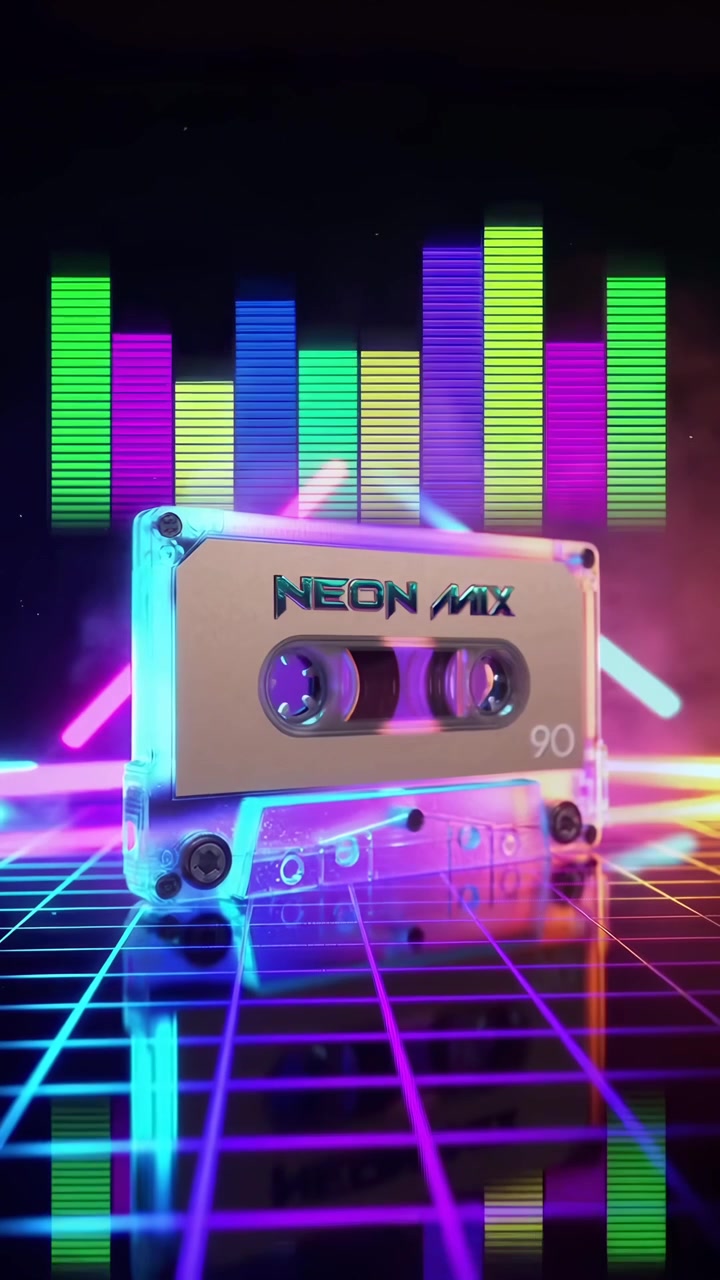 Cassetta a nastro retrò al neon con equalizzatore in una griglia futuristica