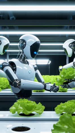 robots cultivating lettuce in a futuristic vertical farm