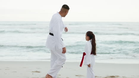 ocean, karate teacher or child learning martial