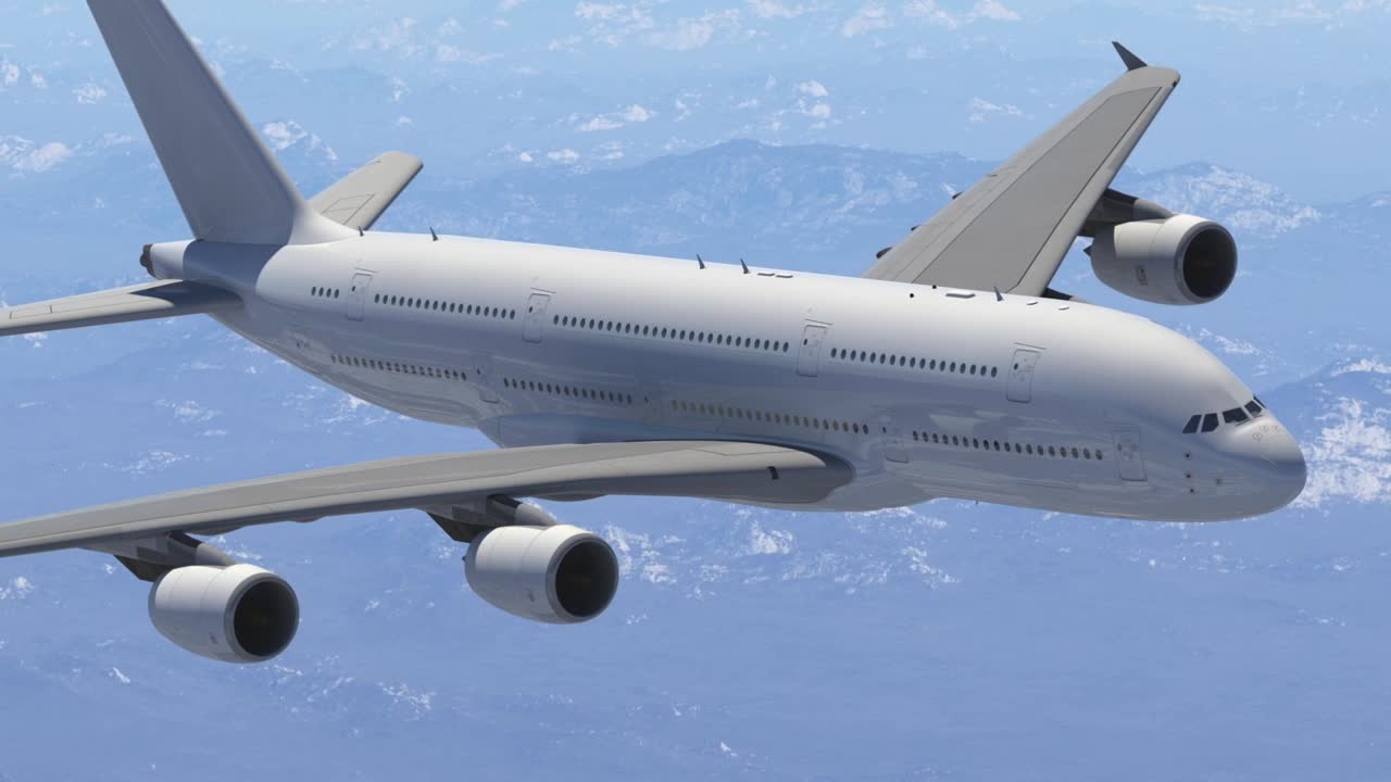 White Airbus A380 passenger airplane animation flying over clouds, side profile view