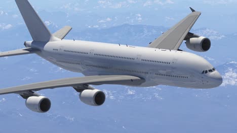 white airbus a380 passenger airplane animation flying over clouds, side profile view