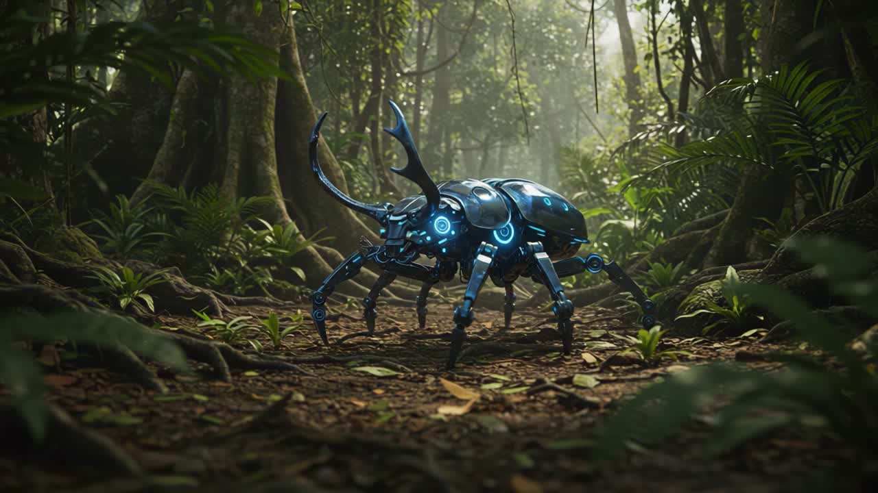 Futuristic Cybernetic Beetle in Lush Jungle Setting: A Glimpse into a World Where Nature Meets Advanced Technology and Robotics