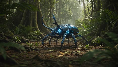 futuristic cybernetic beetle in lush jungle setting: a glimpse into a world where nature meets advanced technology and robotics