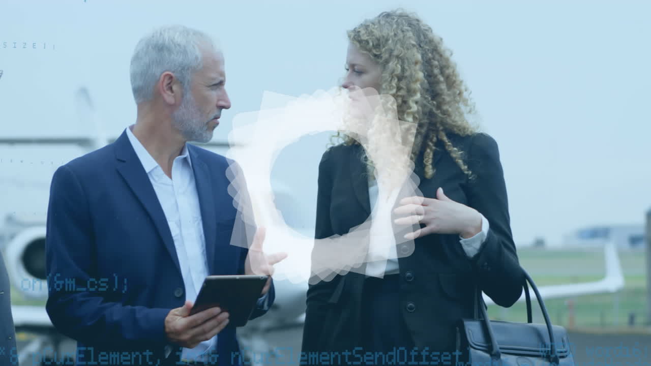 Animation of data processing over business people using tablet by airplane