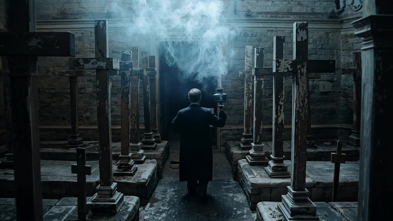 Un ecclesiastico in tonaca che agita il turibolo, cammina lungo una stretta navata in pietra, con il fumo dell'incensiere che si innalza per il rito.