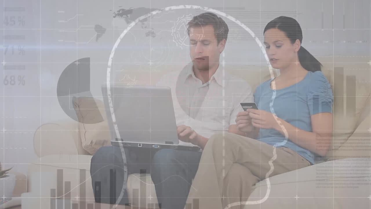 animación del procesamiento de datos financieros sobre la pareja caucásica que paga las facturas