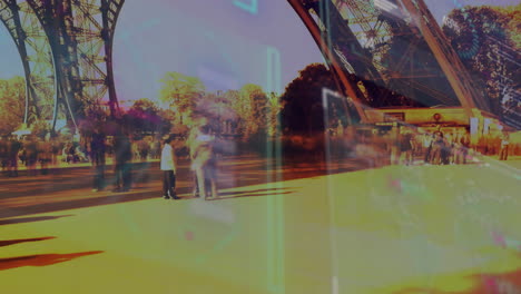 walking near large metal structure, people surrounded by geometric animation patterns