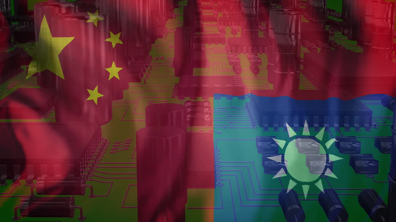 Animazione di server informatico su bandiera di Taiwan e Cina