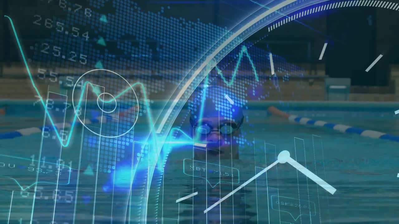 Financial data processing and clock ticking against male swimmer swimming in the pool