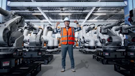 ingeniero celebrando el éxito en una fábrica de robótica