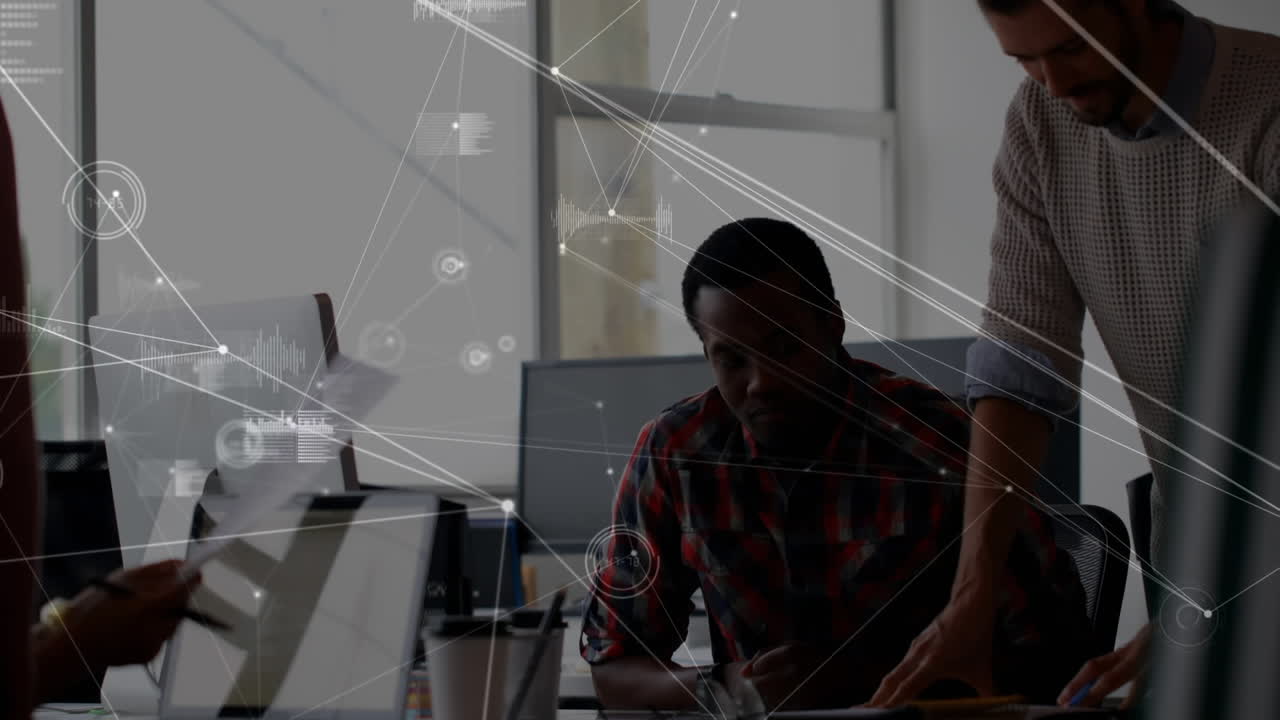 Animation of network of connections over business people in office