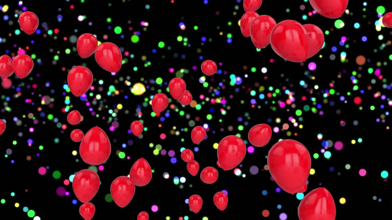 Animazione di palloncini rossi che volano su luci colorate e luminose
