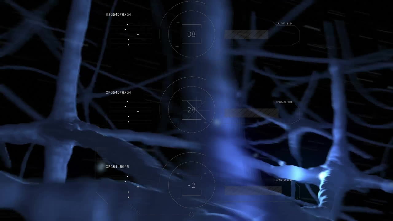 Neural network and data processing animation over abstract blue structures