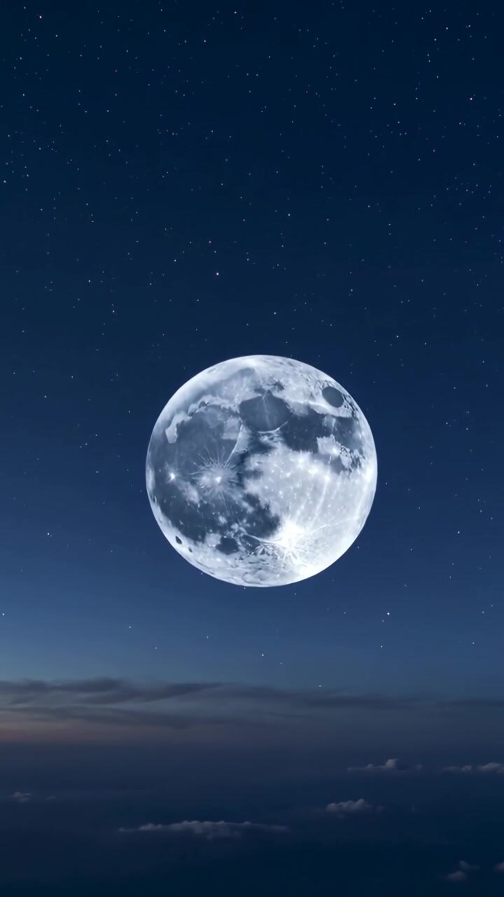Vídeo vertical: Quadros mostrando a lua cheia se movendo e clareando para a ciência, com estrelas e nuvens.
