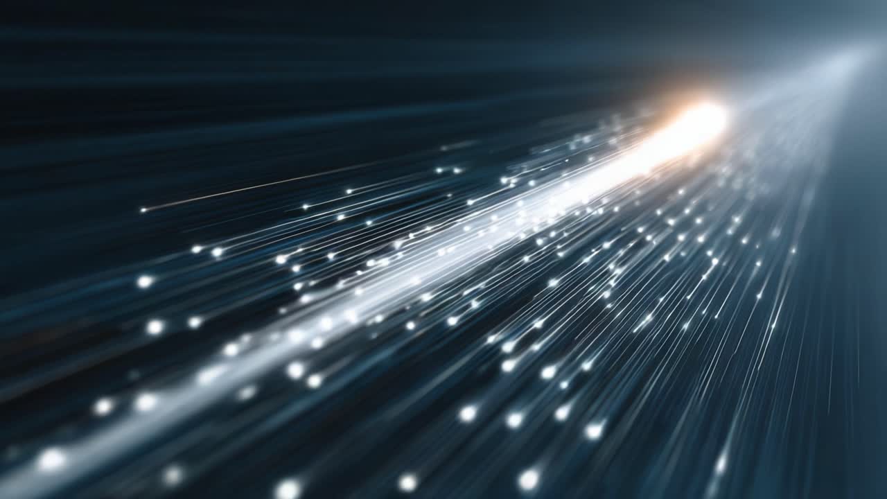 Countless glowing particles representing digital information traveling at high speed through a fiber optic cable bundle, symbolizing modern communication, internet technology, and big data transfer