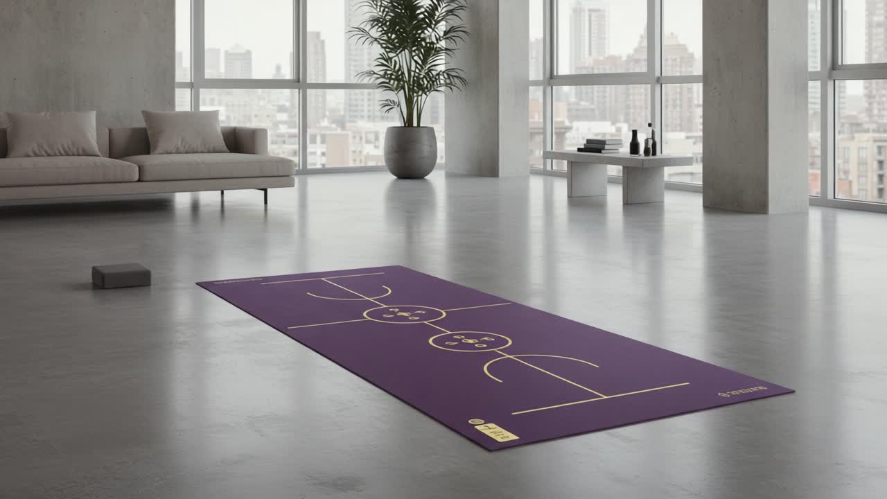A Serene Interior Featuring a Yoga Mat with Unique Design, Perfectly Placed in a Modern Loft Space Surrounded by Large Windows and Urban Views