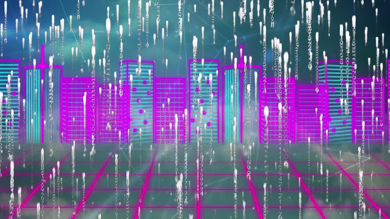 グリッドネットワークを背景にしたネオン都市景観に、光の軌跡が降り注ぐデジタルアニメーション。