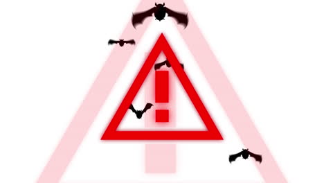 animación del triángulo de advertencia de peligro, sobre murciélagos, en blanco