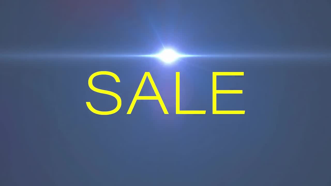 animación del banner de texto de venta sobre puntos de luz y puntos púrpuras de luces contra un fondo azul