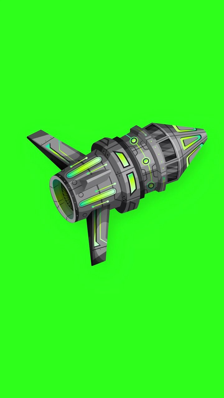 Animated 2D spaceship with glowing green lights floats against a chroma key background.
